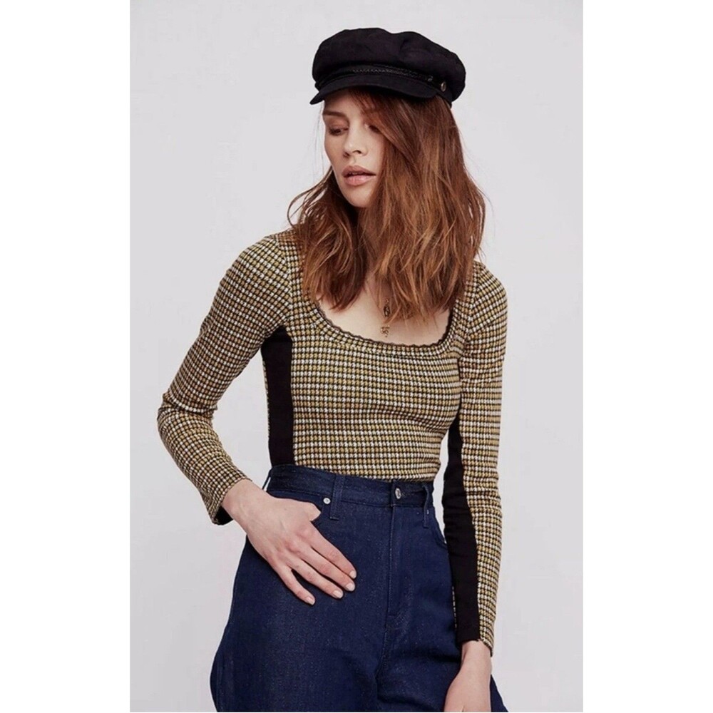 Free People Boston Tee Gold Scoop Neck Cropped Top Houndstooth Women's Size XS